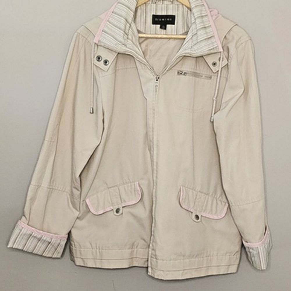 Braetan Utility Jacket Beige Pink Trim Striped Lining Hooded Womens Large
